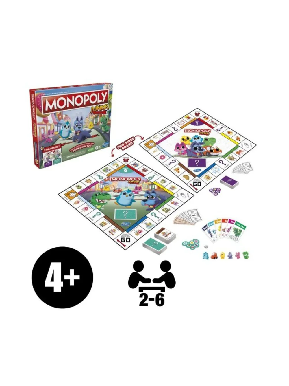 Monopoly Junior Board Game For Kids Ages 4+ With 2 Levels Of Play Educational Fo